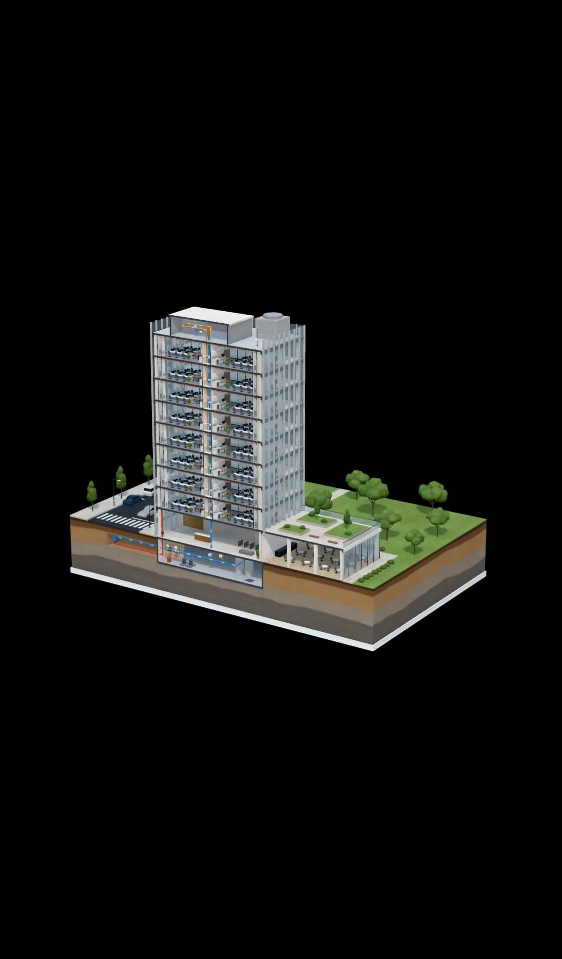 Cutaway model of an office building showing Eddy meters and shutoff valves on each tenant floor's supply, sensors at the risers and fan coils, and the rooftop gateway linked through Eddy's cloud to the 24/7 monitoring center