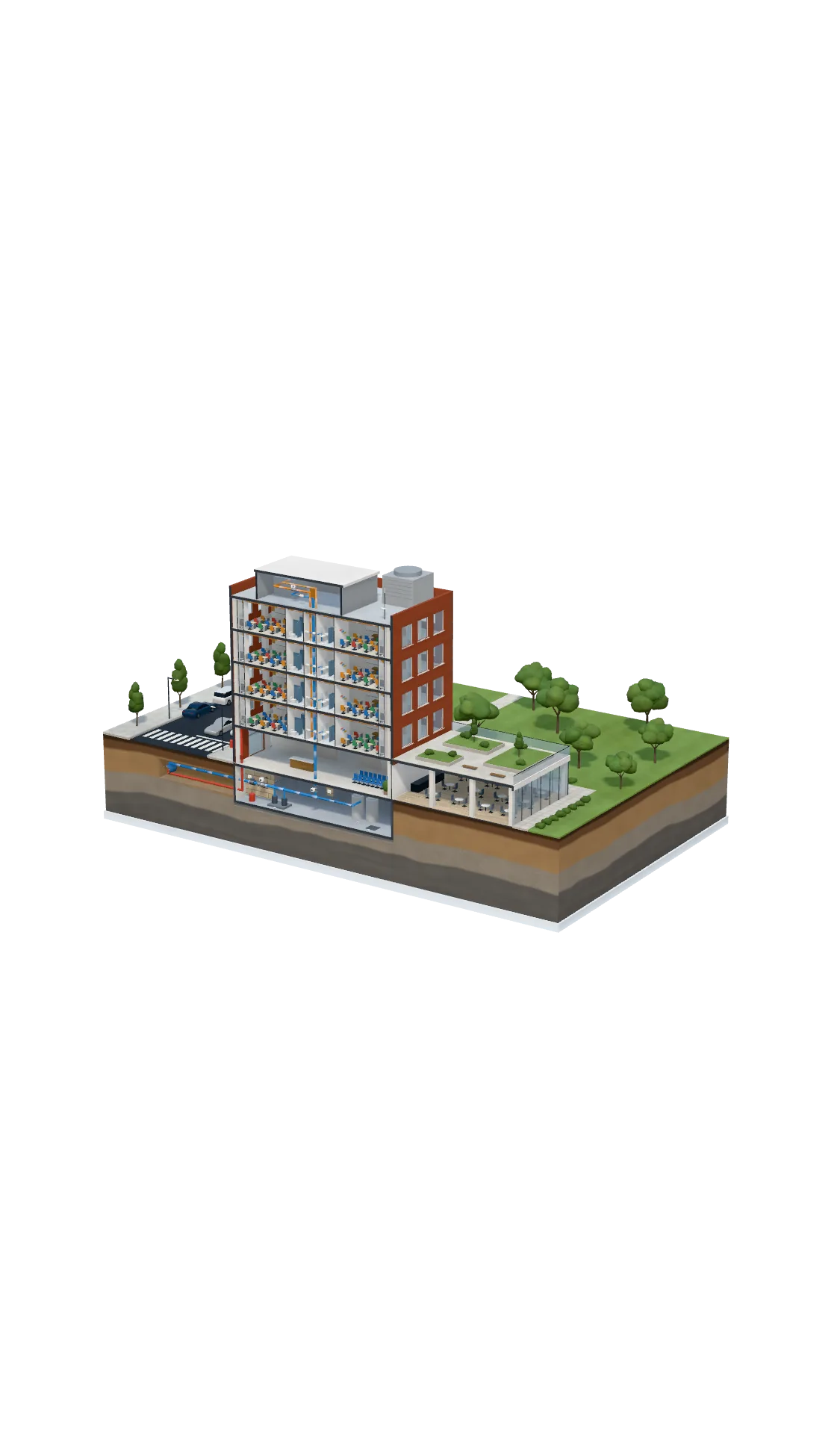 Cutaway model of a school showing Eddy sensors and smart meters in the washrooms, sensors at the risers, shutoff valves in the basement, and the rooftop gateway linked through Eddy's cloud to the 24/7 monitoring center