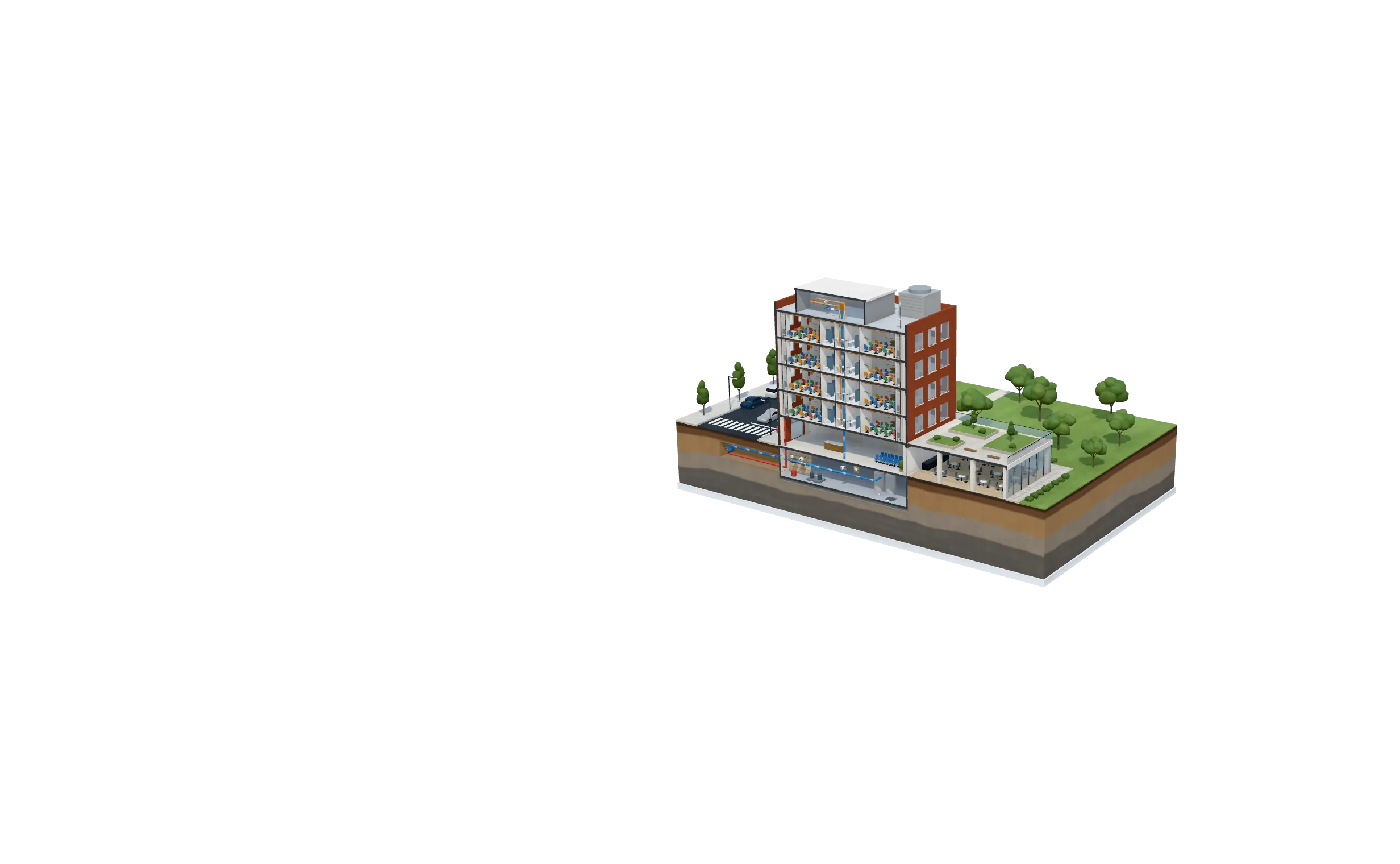 Cutaway model of a school showing Eddy sensors and smart meters in the washrooms, sensors at the risers, shutoff valves in the basement, and the rooftop gateway linked through Eddy's cloud to the 24/7 monitoring center