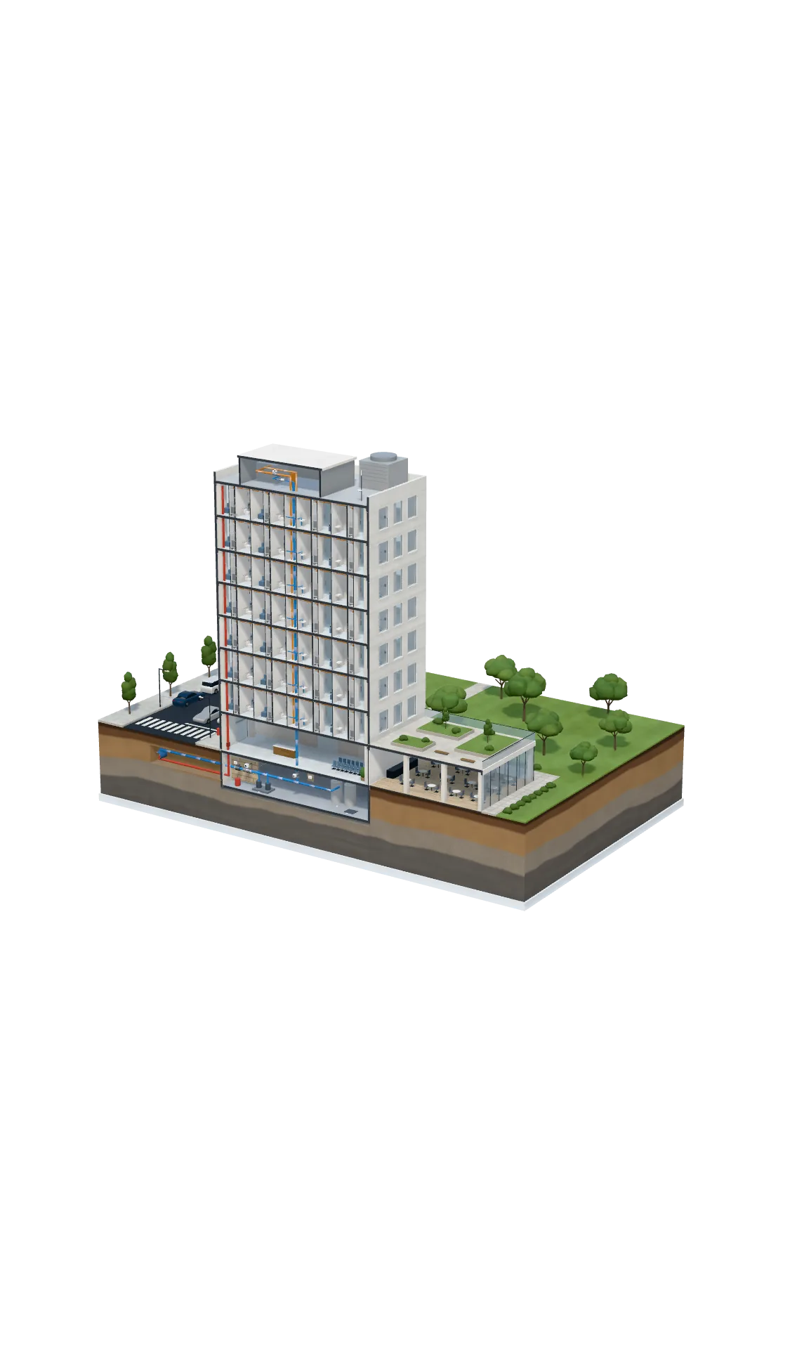 Cutaway model of a hospital showing Eddy sensors in the patient-room washrooms and risers, zone and main shutoff valves in the basement, and the rooftop gateway linked through Eddy's cloud to the 24/7 monitoring center