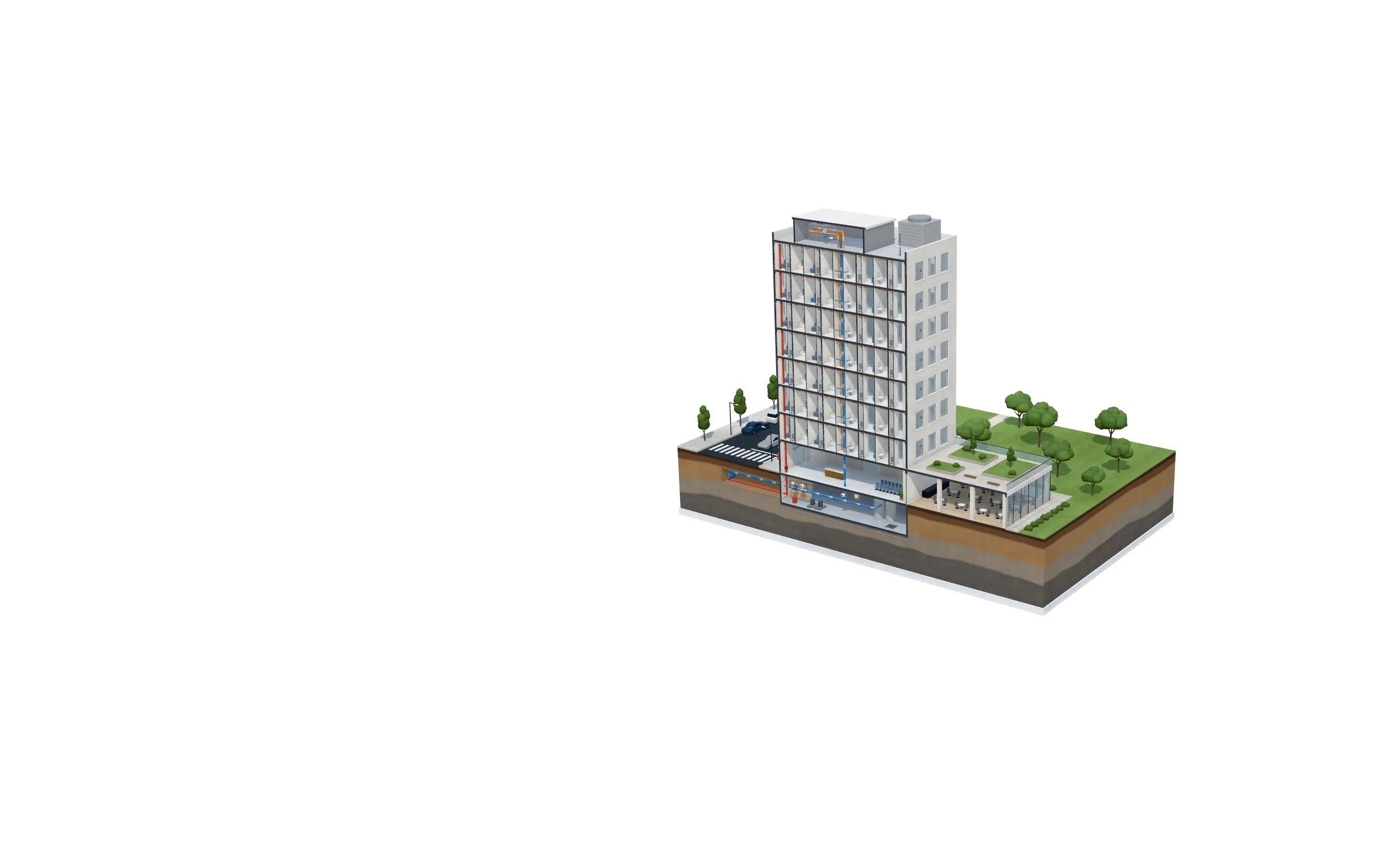 Cutaway model of a hospital showing Eddy sensors in the patient-room washrooms and risers, zone and main shutoff valves in the basement, and the rooftop gateway linked through Eddy's cloud to the 24/7 monitoring center