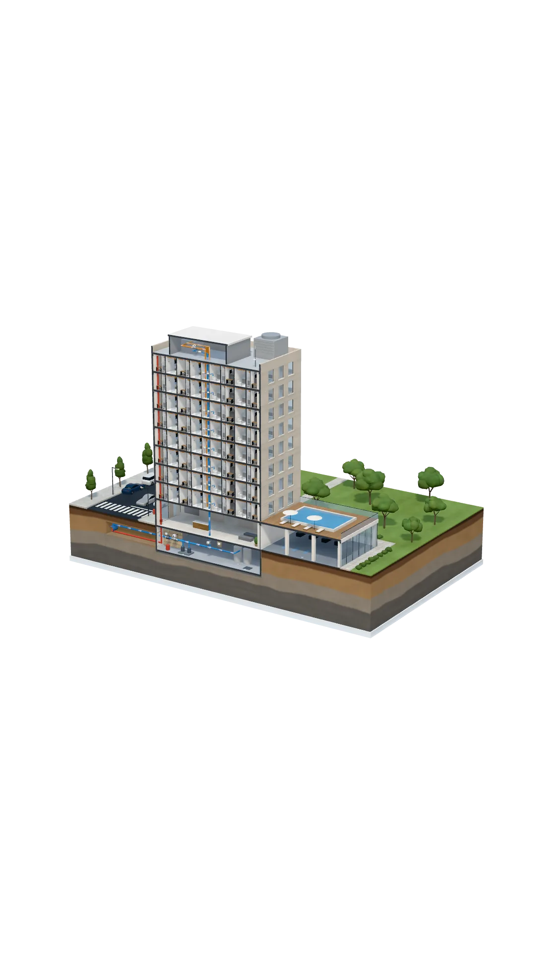 Cutaway model of a hotel showing Eddy sensors in the guest bathrooms and risers, meters and shutoff valves in the basement, and the rooftop gateway linked through Eddy's cloud to the 24/7 monitoring center