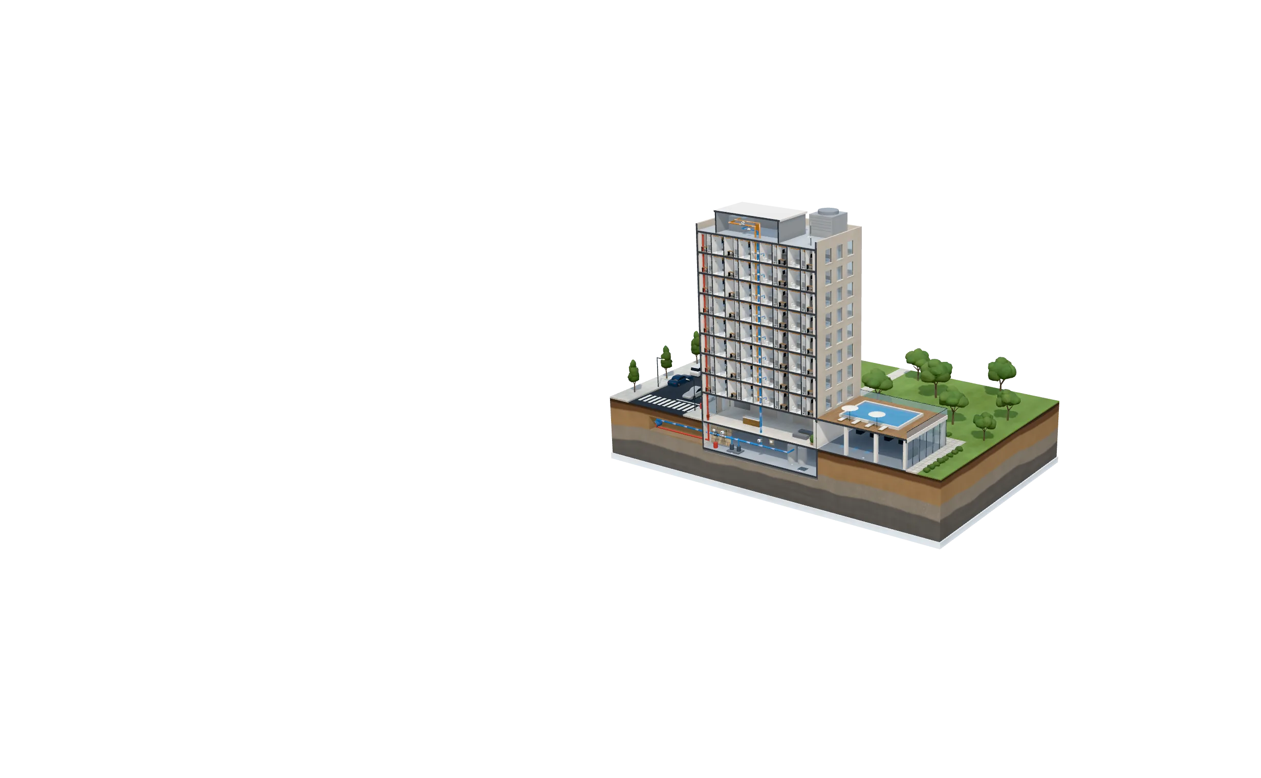 Cutaway model of a hotel showing Eddy sensors in the guest bathrooms and risers, meters and shutoff valves in the basement, and the rooftop gateway linked through Eddy's cloud to the 24/7 monitoring center