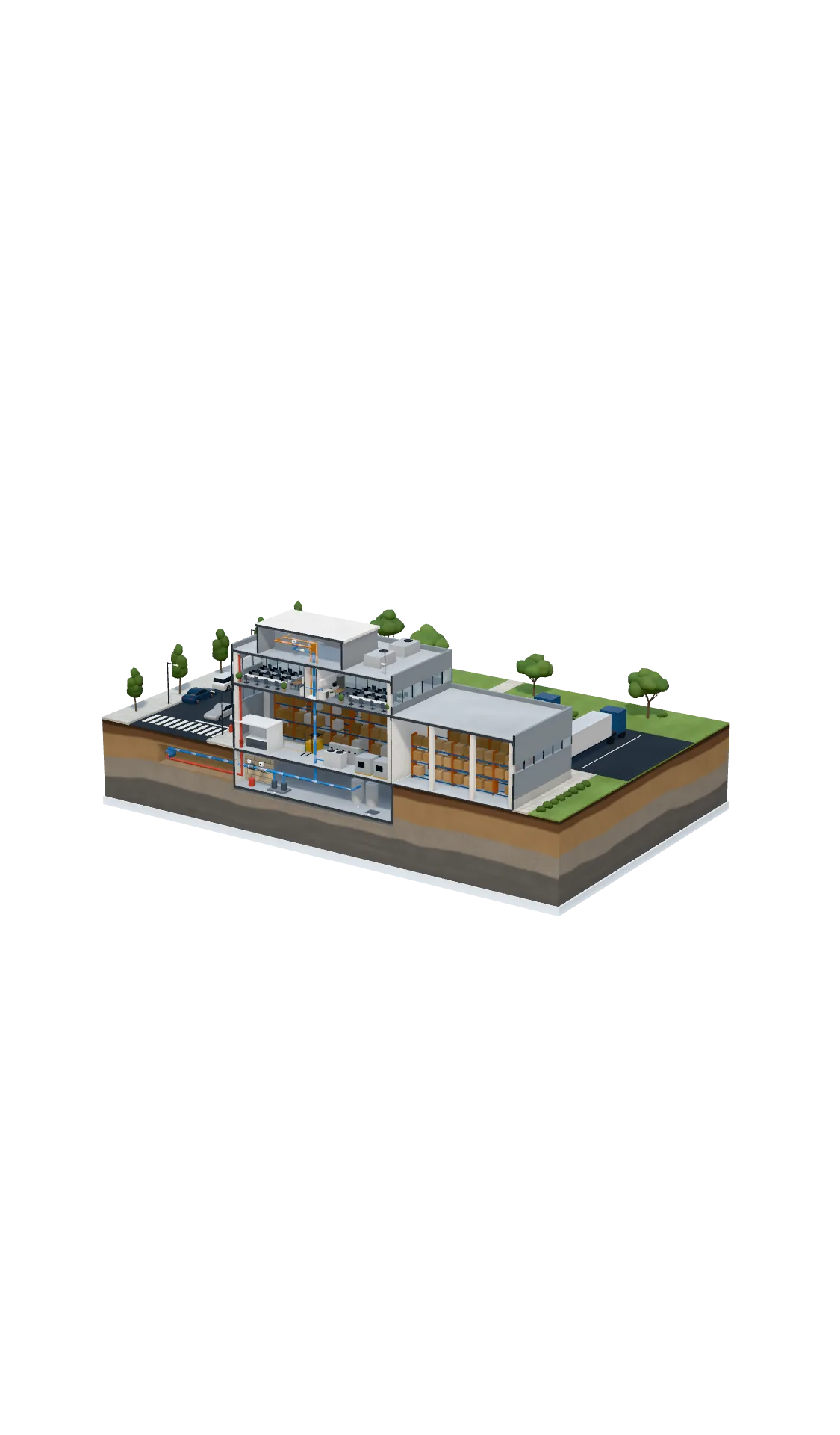 Cutaway model of an industrial building showing Eddy sensors on the plant floor by the electrical panels and in the mechanical areas, the main shutoff valve, and the rooftop gateway linked through Eddy's cloud to the 24/7 monitoring center