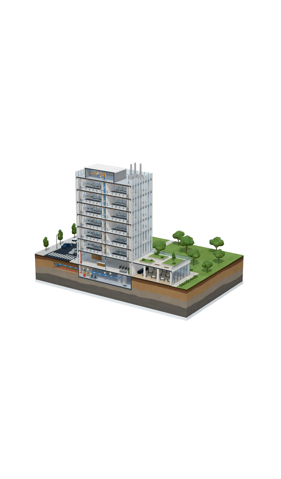 Cutaway model of a lab building showing Eddy sensors at the risers and fan coils on the lab floors, meters and shutoff valves in the basement, and the rooftop gateway linked through Eddy's cloud to the 24/7 monitoring center