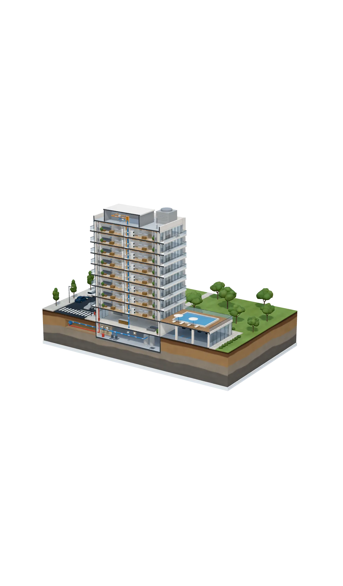 Cutaway model of an occupied mid-rise showing Eddy sensors in the suites and risers, meters and shutoff valves in the basement mechanical room, and the rooftop gateway linked through Eddy's cloud to the 24/7 monitoring center
