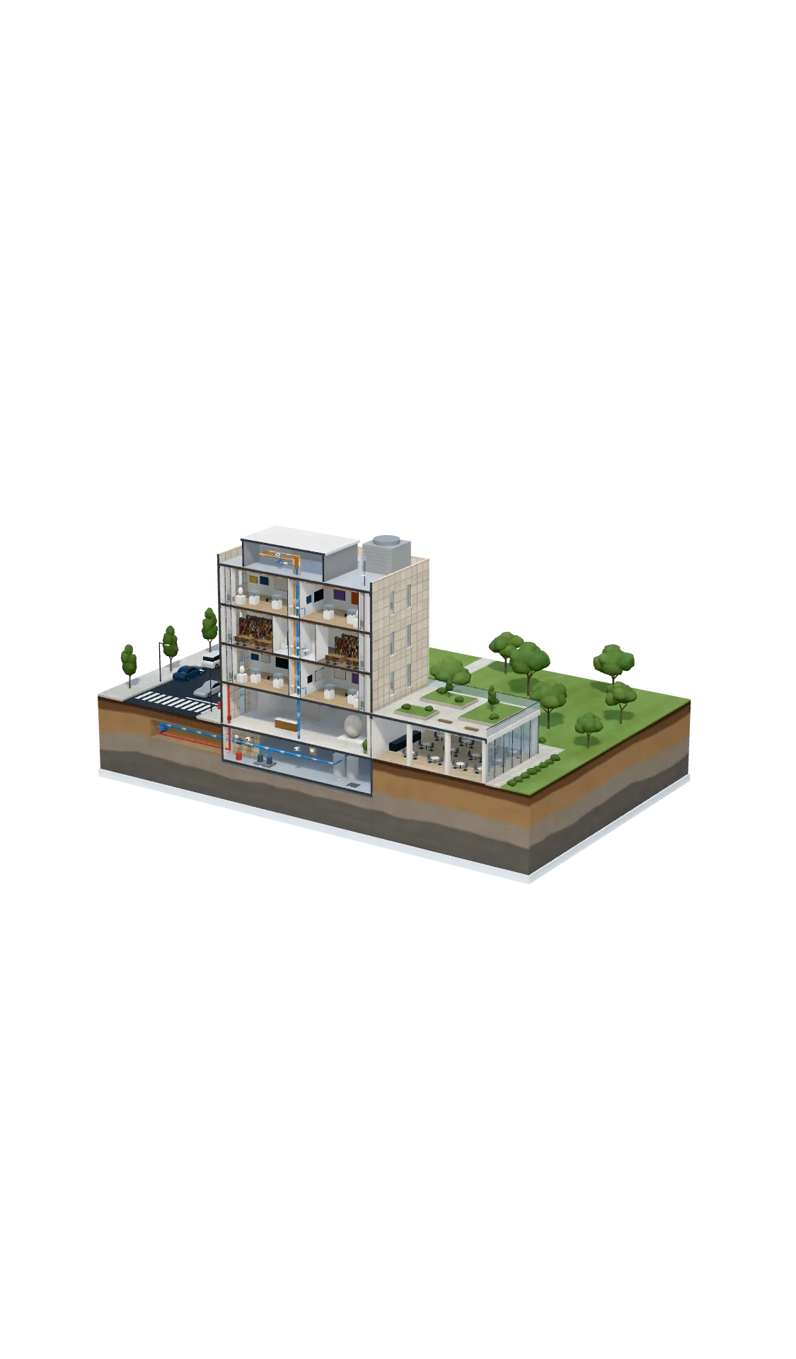 Cutaway model of a museum and library showing Eddy sensors and smart meters in the washrooms above the galleries, sensors at the risers, shutoff valves in the basement, and the rooftop gateway linked through Eddy's cloud to the 24/7 monitoring center
