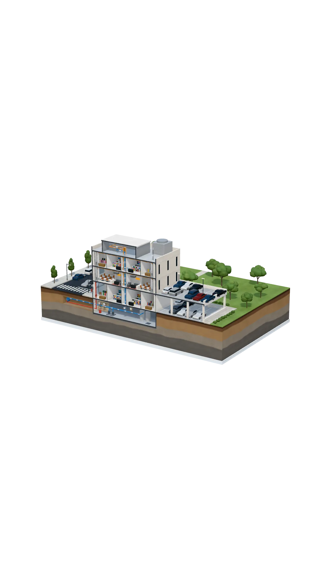 Cutaway model of a shopping center showing Eddy sensors and smart meters in the food court kitchens, sensors at the risers, shutoff valves in the basement, and the rooftop gateway linked through Eddy's cloud to the 24/7 monitoring center