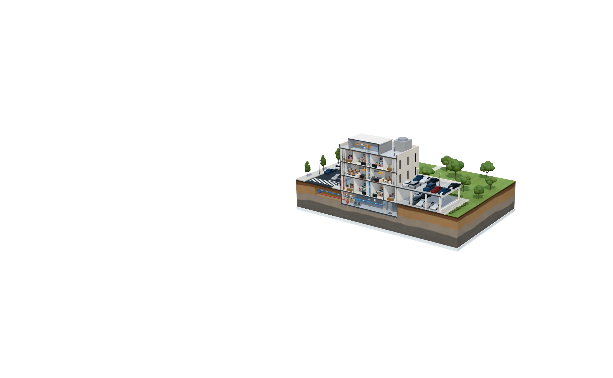 Cutaway model of a shopping center showing Eddy sensors and smart meters in the food court kitchens, sensors at the risers, shutoff valves in the basement, and the rooftop gateway linked through Eddy's cloud to the 24/7 monitoring center
