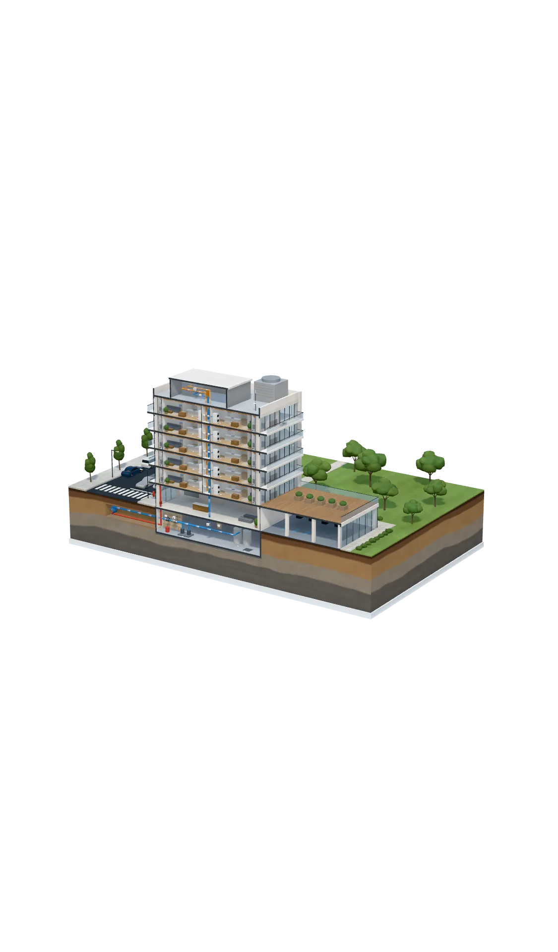 Cutaway model of an occupied mid-rise showing Eddy sensors in the suites and risers, meters and shutoff valves in the basement mechanical room, and the rooftop gateway linked through Eddy's cloud to the 24/7 monitoring center