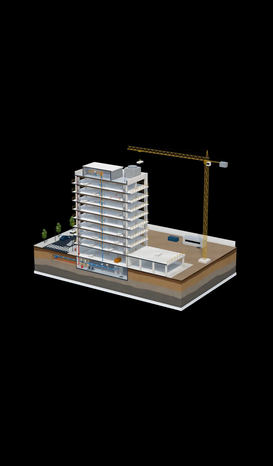 Cutaway model of a building under construction with a tower crane, showing Eddy shutoff on the domestic main and temporary site water, and sensors at risers and open floors