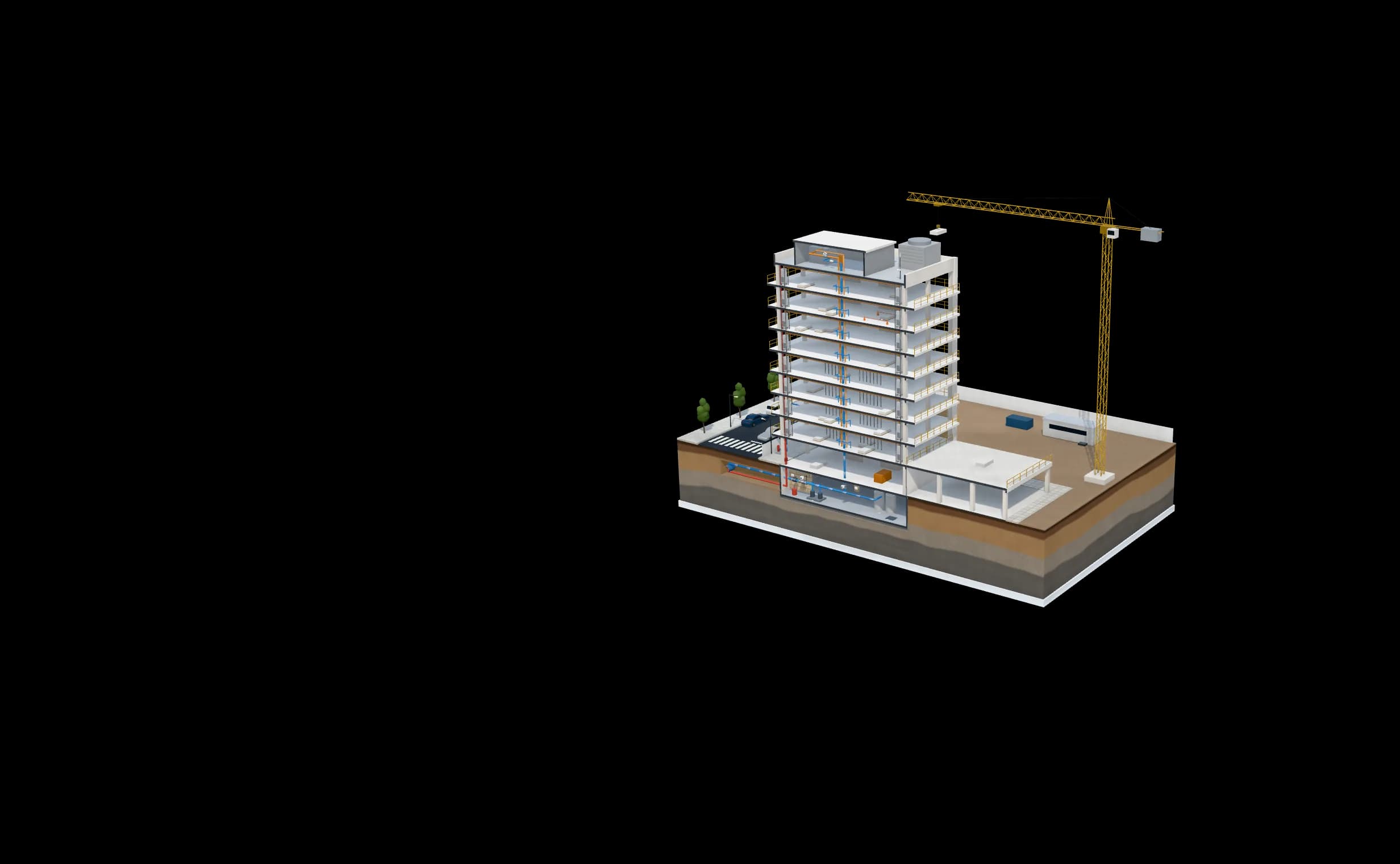 Cutaway model of a building under construction with a tower crane, showing Eddy shutoff on the domestic main and temporary site water, and sensors at risers and open floors