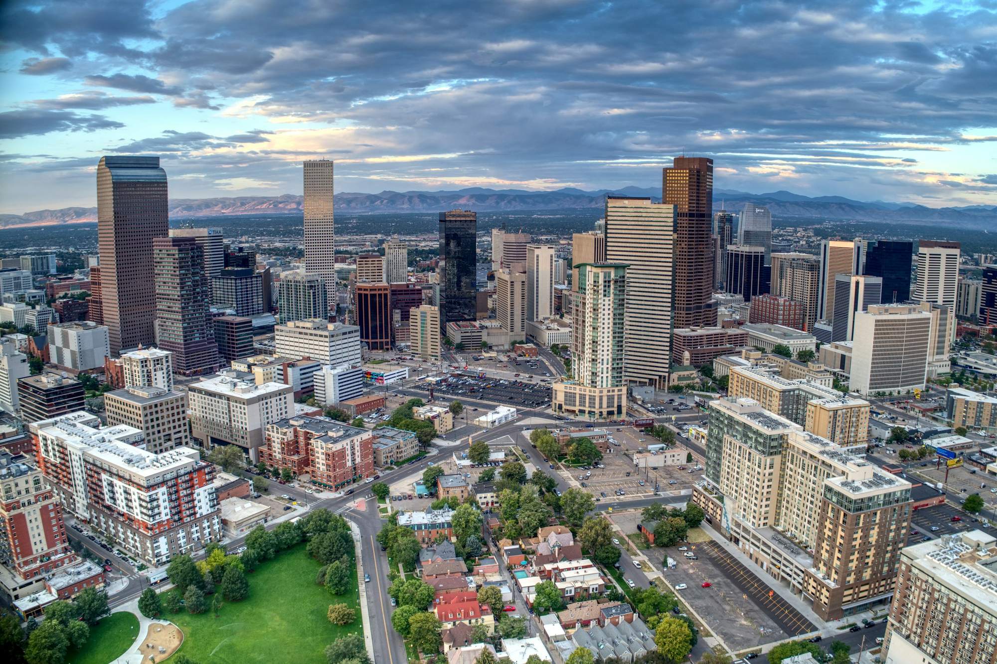 Downtown Denver from above with the Front Range behind