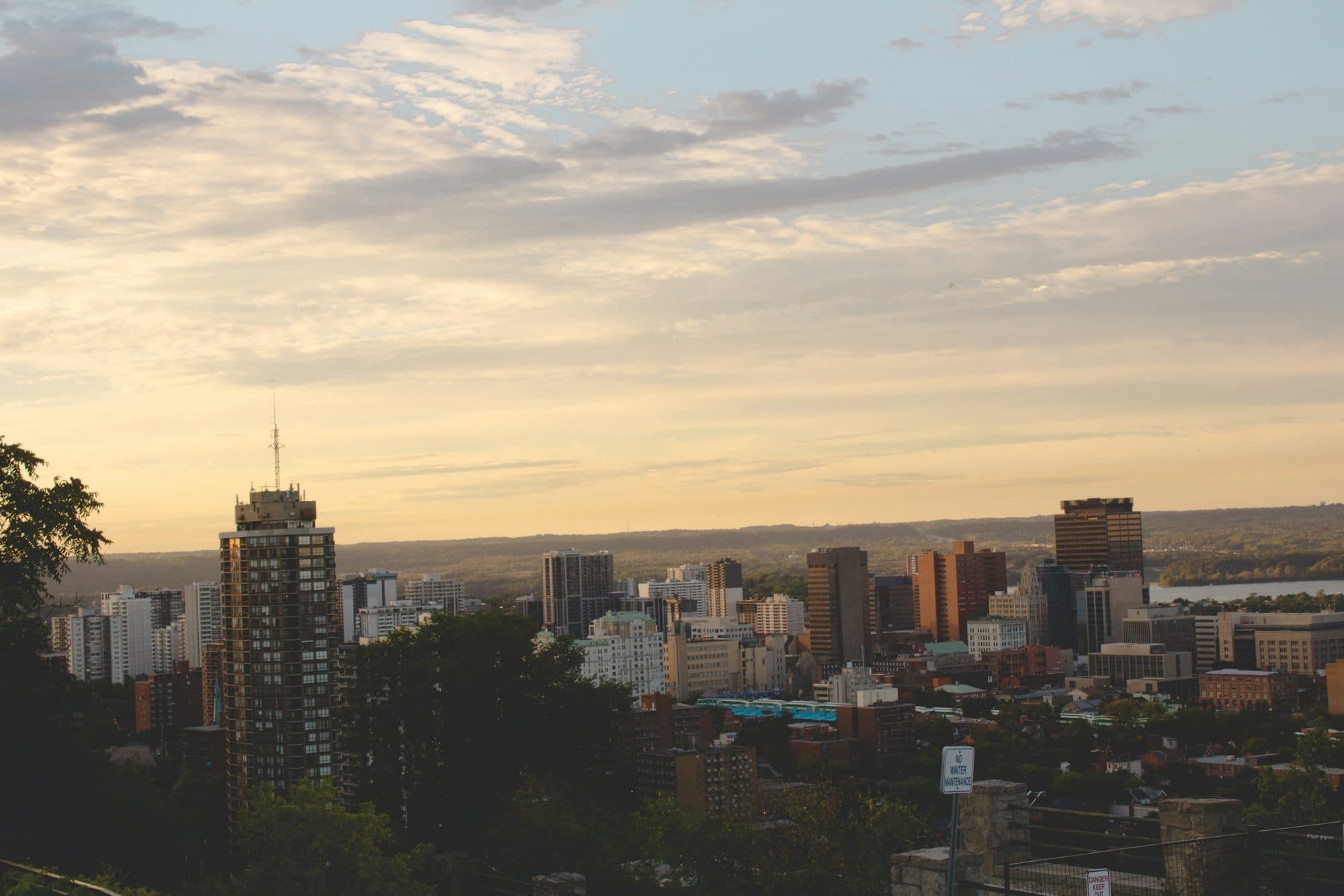 Hamilton lower city and harbour at dusk from the mountain