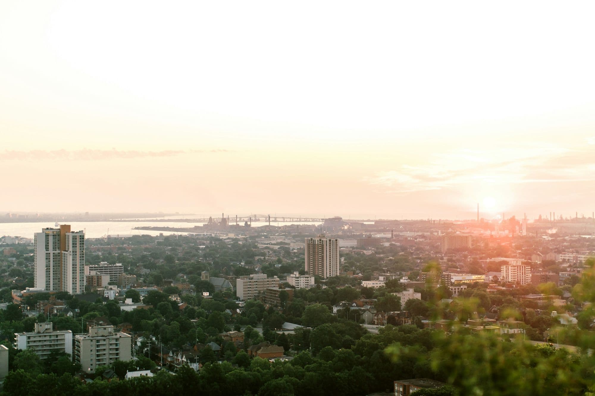 Hamilton lower city and harbour at sunrise from the escarpment