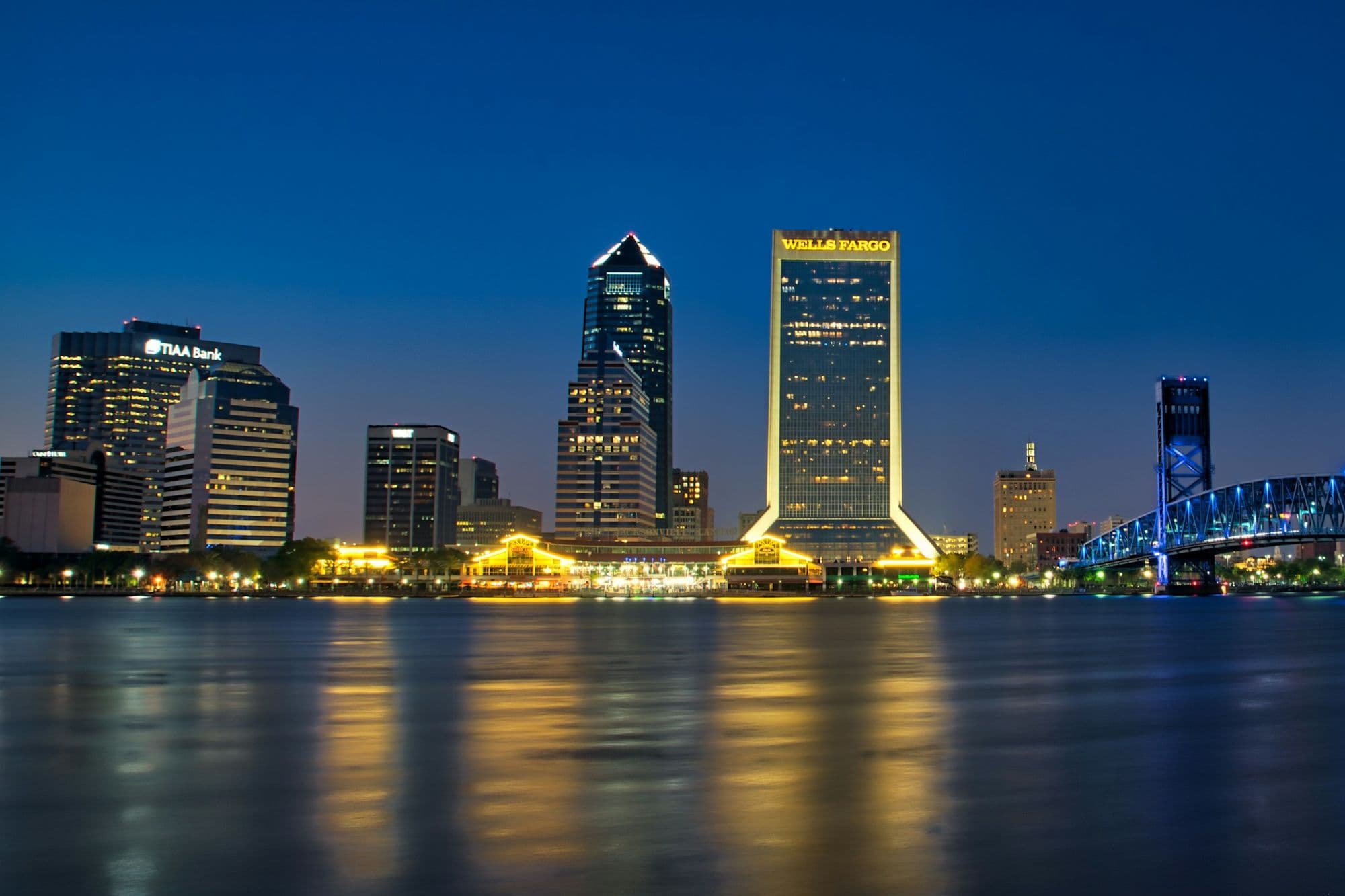 Jacksonville skyline and the Main Street bridge on the St. Johns River at night