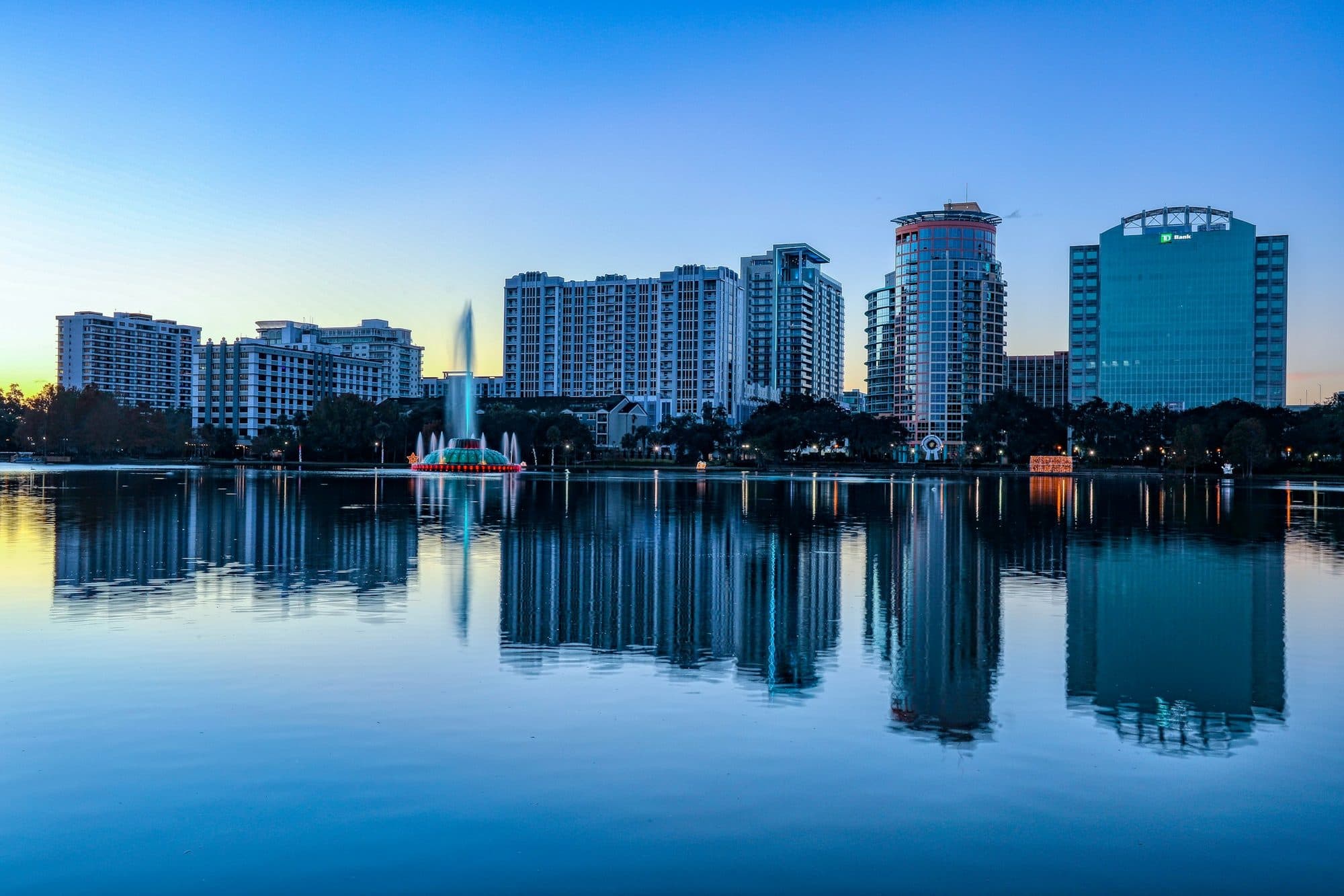 Downtown Orlando reflected in Lake Eola at dusk