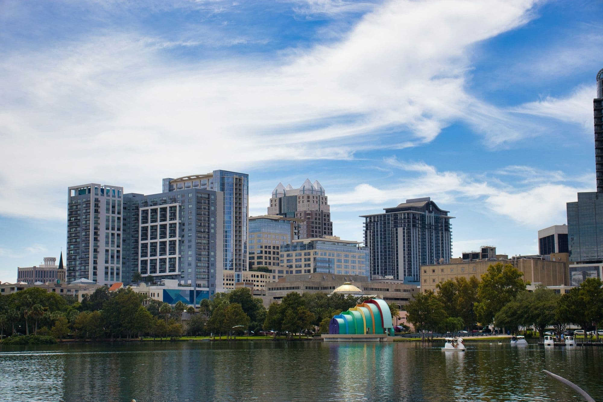 Downtown Orlando skyline across Lake Eola