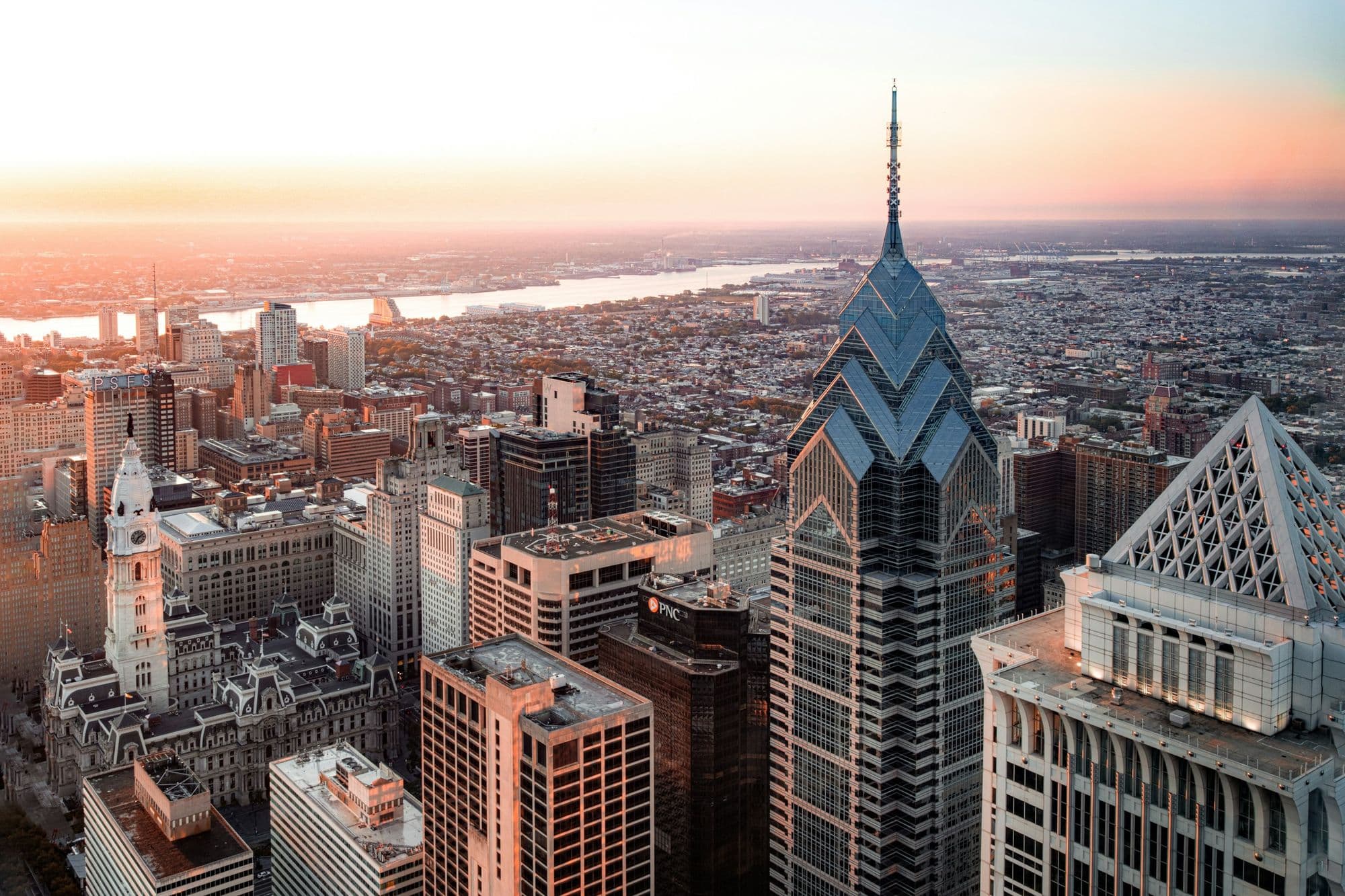 Center City Philadelphia towers at golden hour