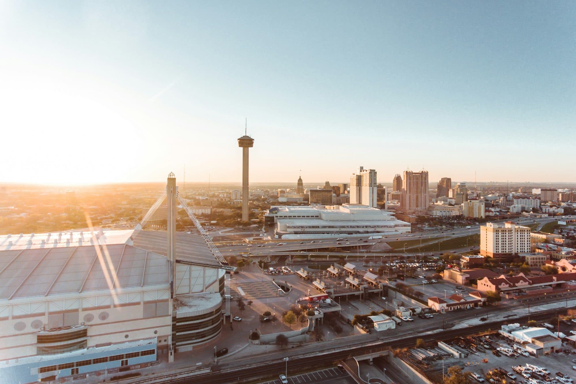 San Antonio at golden hour with the Tower of the Americas