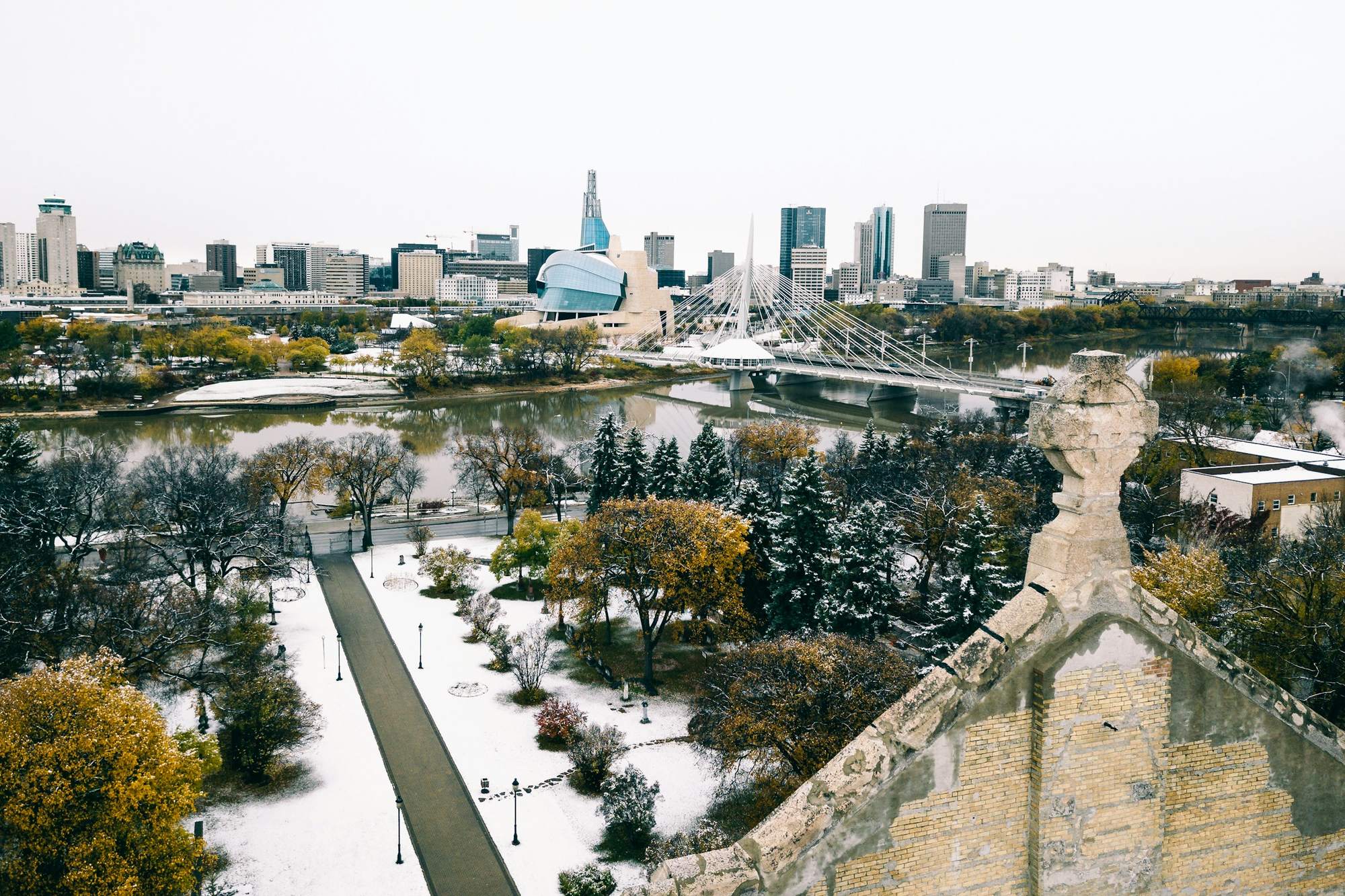 Winnipeg under snow with the Canadian Museum for Human Rights and Esplanade Riel