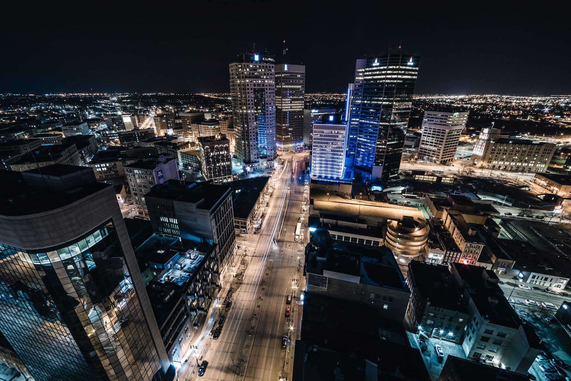 Downtown Winnipeg at night from above
