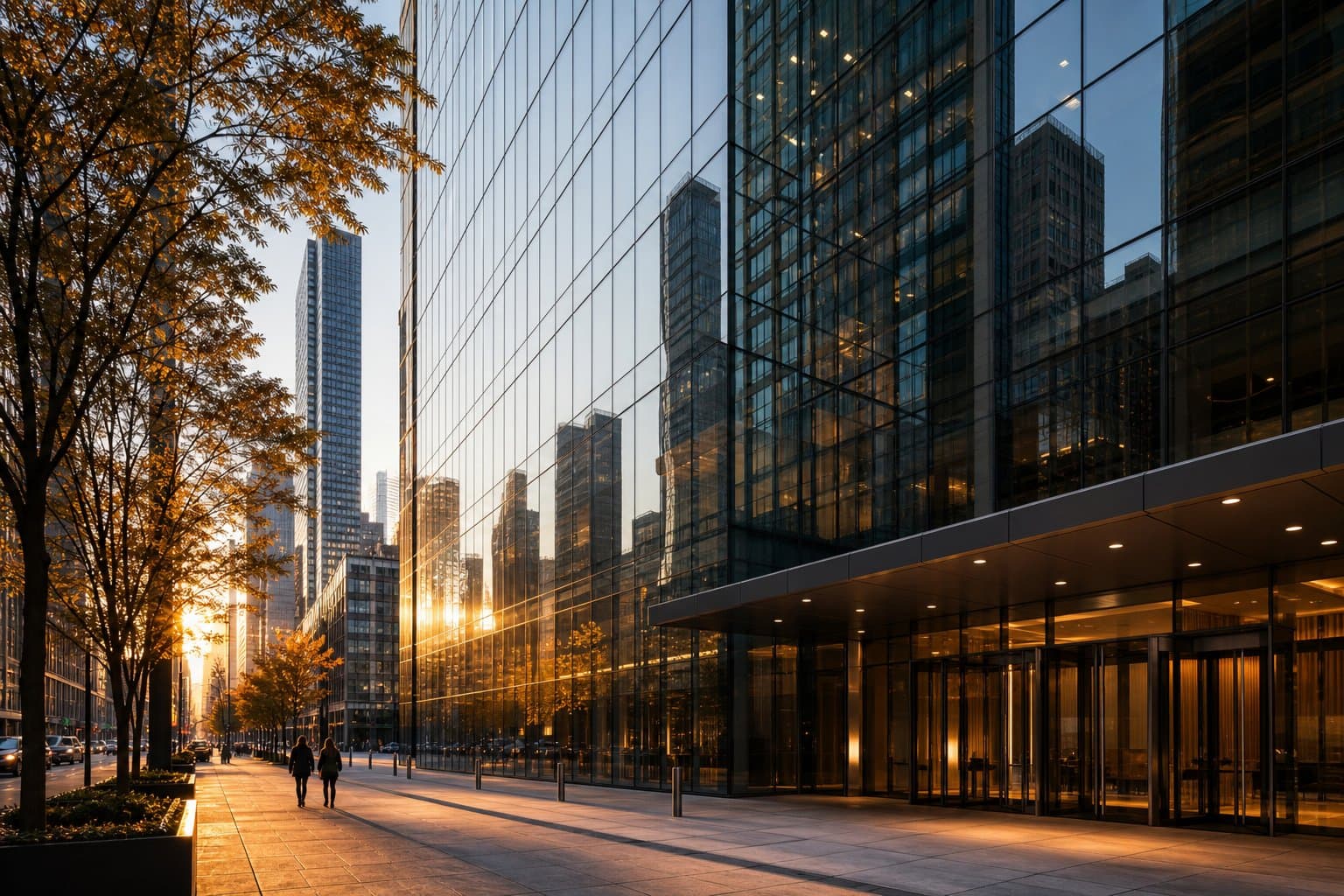 Glass office tower entrance at street level in evening light.