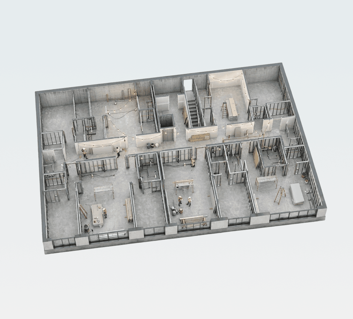 Top-down view of a concrete floor under construction with Eddy sensors placed at risers and HVAC sources before the walls close