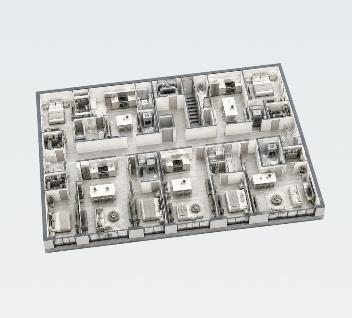 Top-down cutaway of a furnished residential floor with Eddy water sensors at suite kitchens, bathrooms, laundry and the mechanical core
