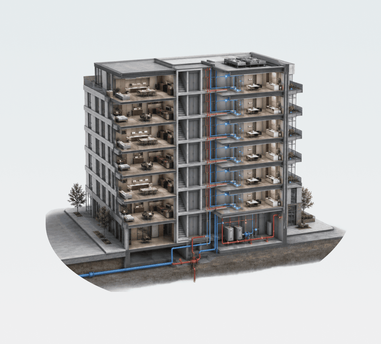 Cutaway of an occupied mid-rise showing Eddy shutoff on the domestic main and risers, in-suite meters and the basement mechanical room