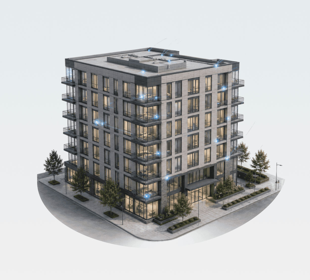 Finished mid-rise at dusk with Eddy gateways on every floor relaying to the 24/7 monitoring center